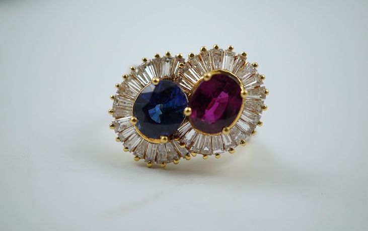 A ruby, sapphire and diamond 'toi et moi' ring